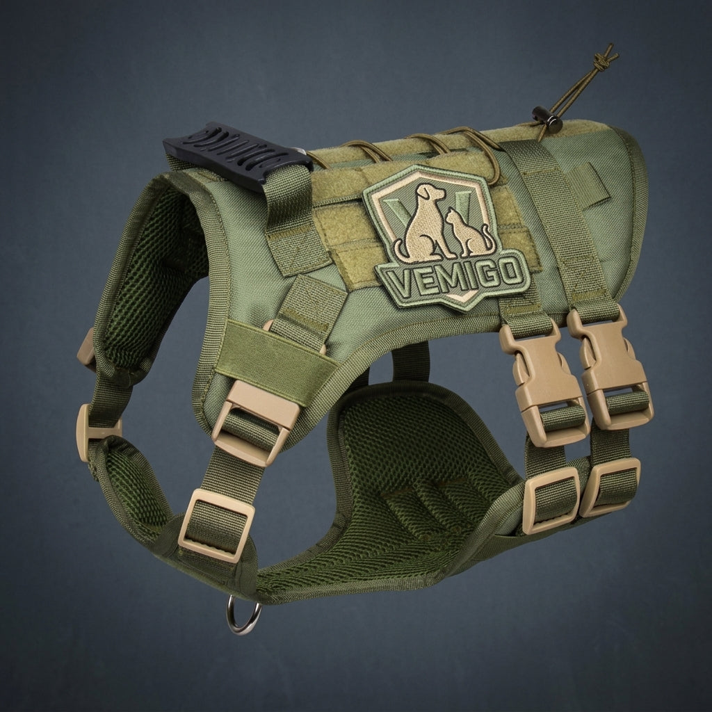 VEMIGO Heavy-Duty Tactical Military Dog Vest Harness with Metal Buckles - No Pull