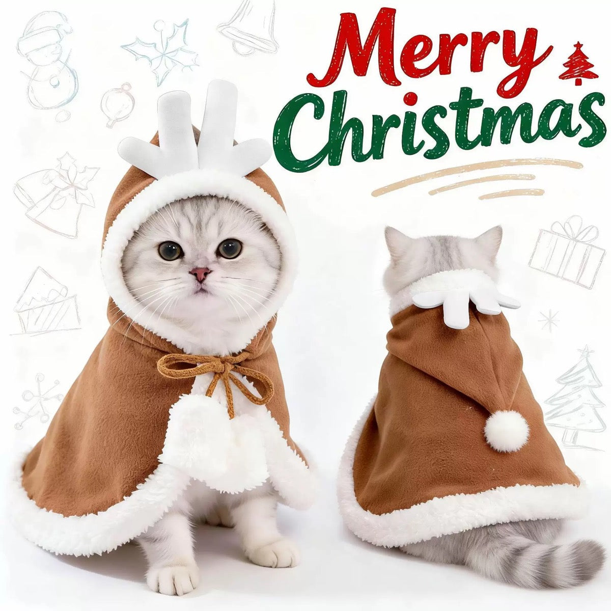 White cat wearing brown reindeer hooded cape with white antlers and fluffy trim, front and back view