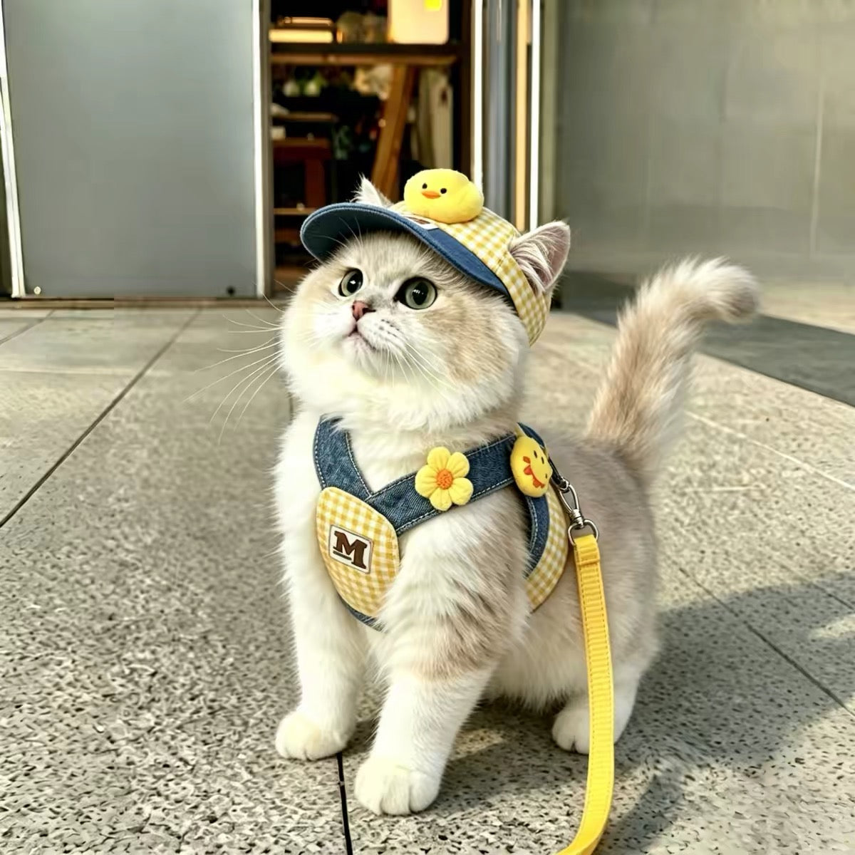 Fluffy white cat wearing yellow gingham harness and matching cap with rubber duck