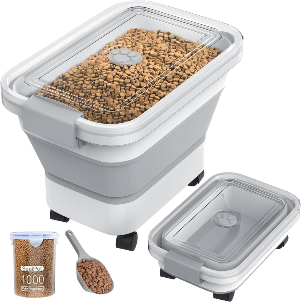 Collapsible Pet Food Storage Container with Airtight Lid - Multifunctional Transparent Dog & Cat Food Dispenser