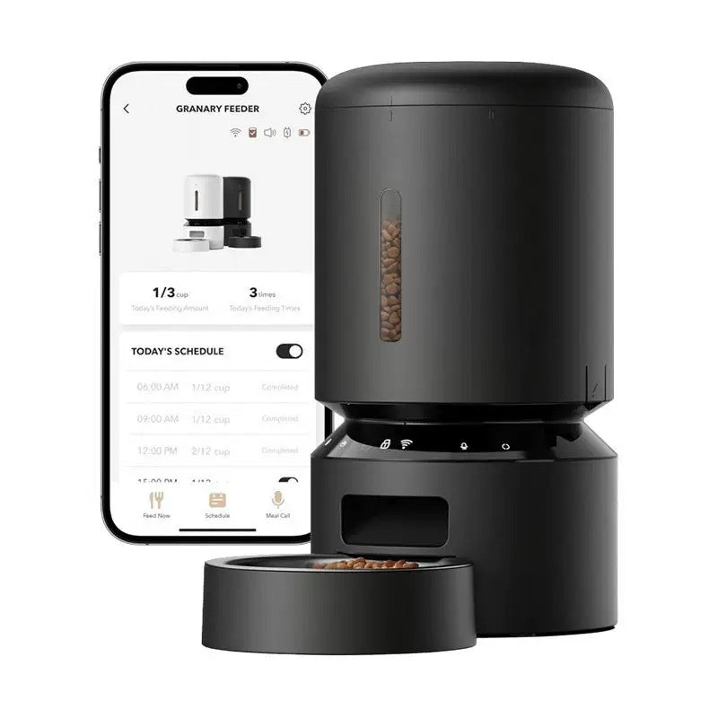 Black smart pet feeder with mobile app control