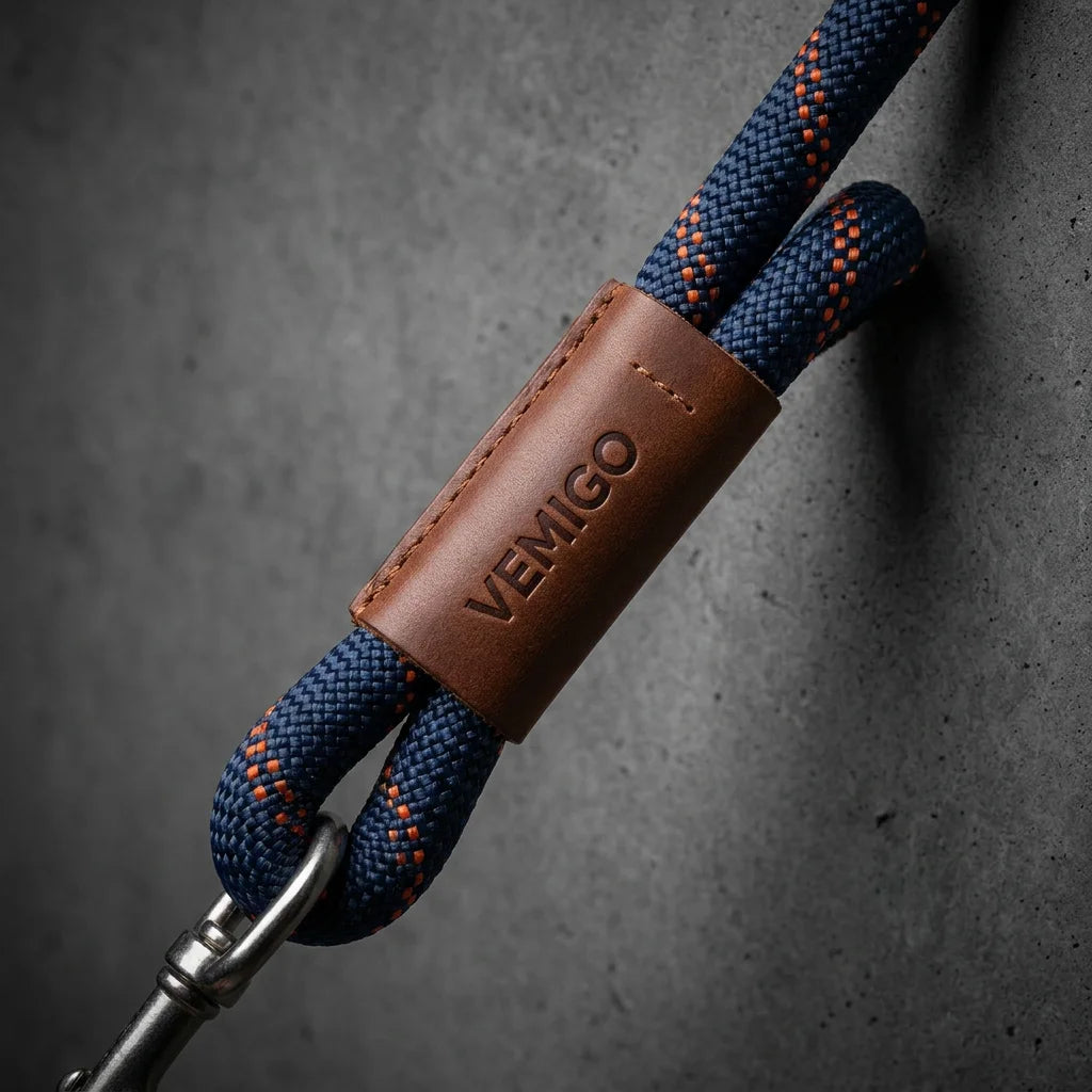 VEMIGO Strong Climbing Rope Dog Leash with Genuine Leather Handle