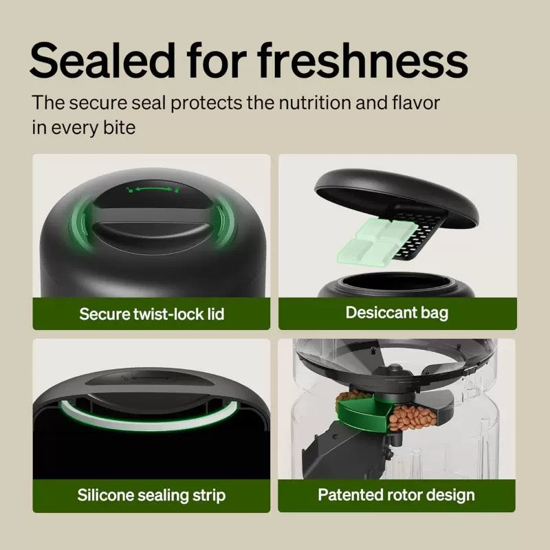 Black smart pet feeder sealed lid, desiccant compartment, and anti-blockage design