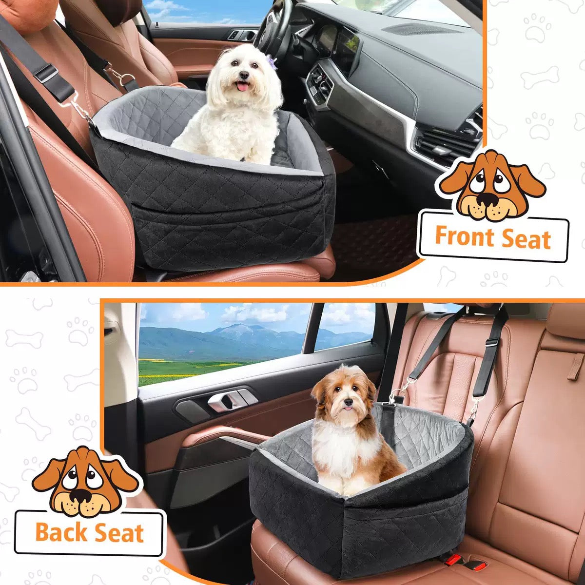 Detachable Dog Car Booster Seat with Safety Belt - Washable Travel Bed for Small Dogs and Cats