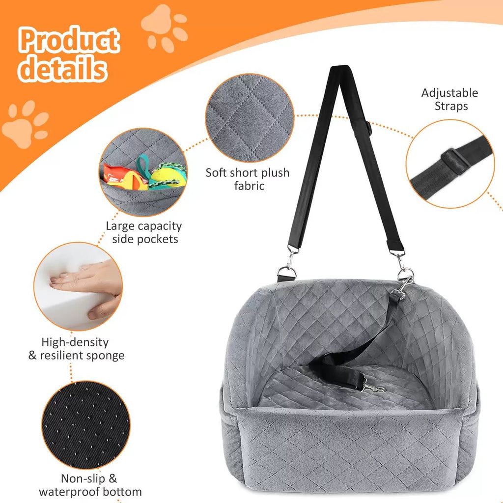 Detachable Dog Car Booster Seat with Safety Belt - Washable Travel Bed for Small Dogs and Cats
