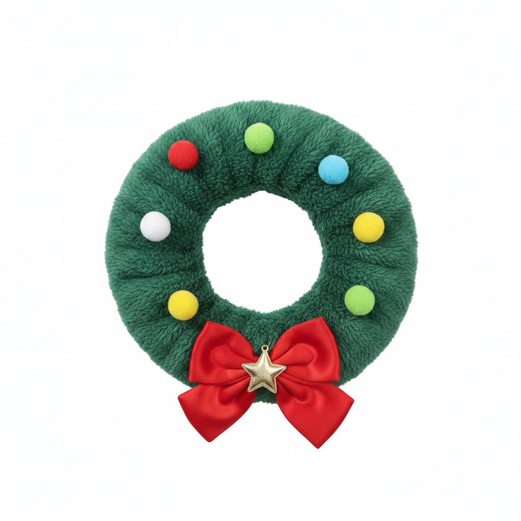 Christmas tree wreath pet hat pom-pom detail flat lay