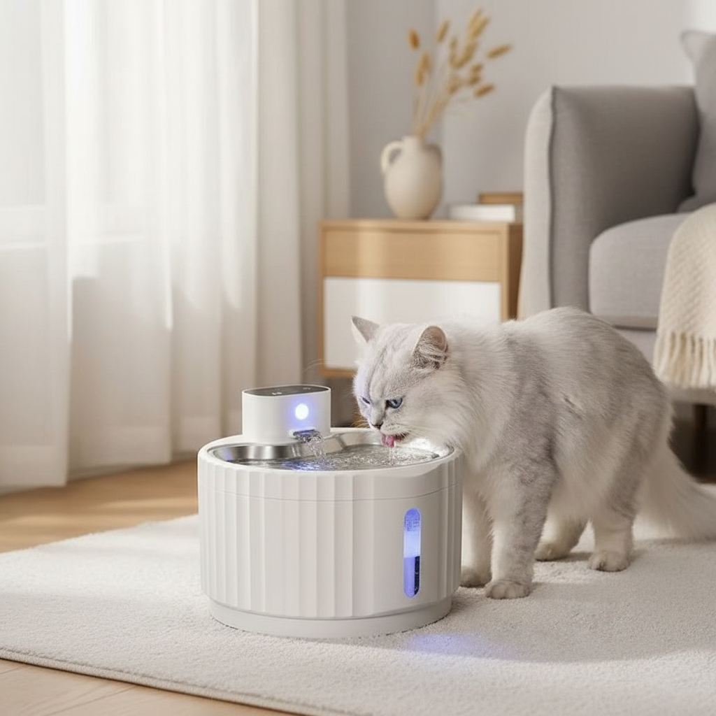 White wireless pet water fountain with cat drinking lifestyle photo