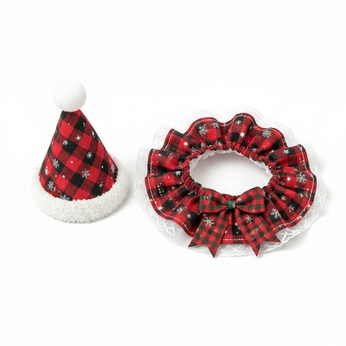 Christmas plaid pet hat and ruffle collar bib detail flat lay