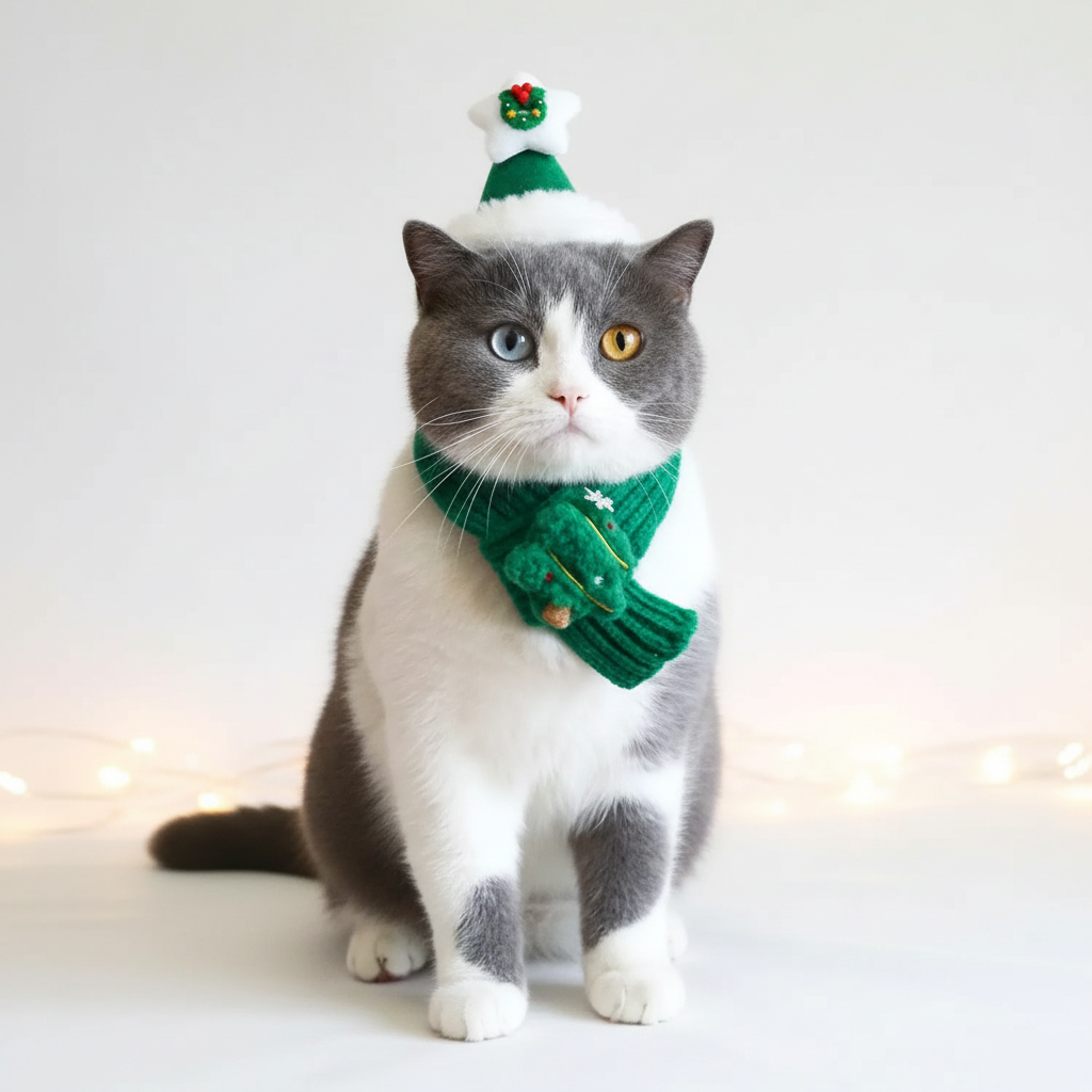 Gray cat wearing green Christmas Santa hat and knit scarf studio photo