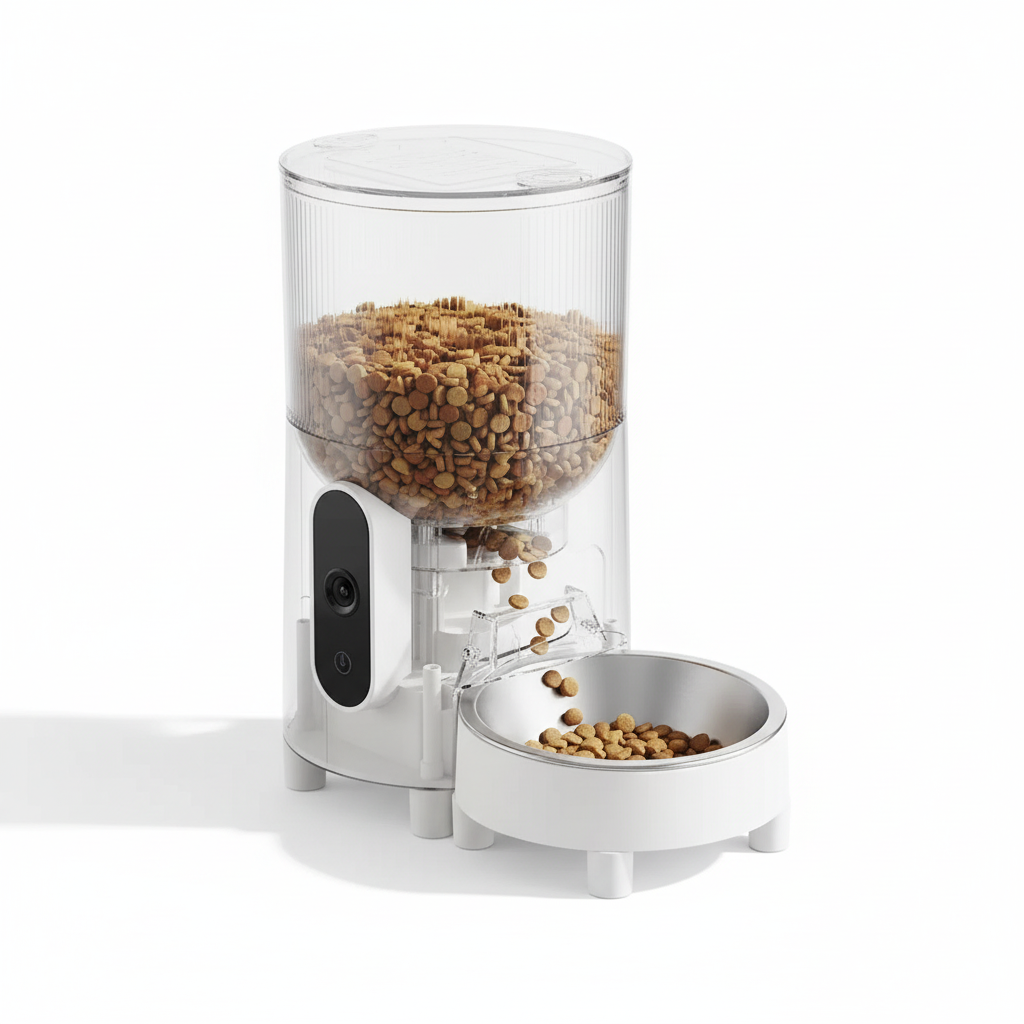 Smart automatic pet feeder with transparent food hopper and camera