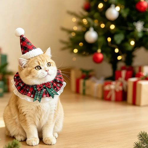 Cat wearing red plaid Christmas hat and ruffle collar studio photo