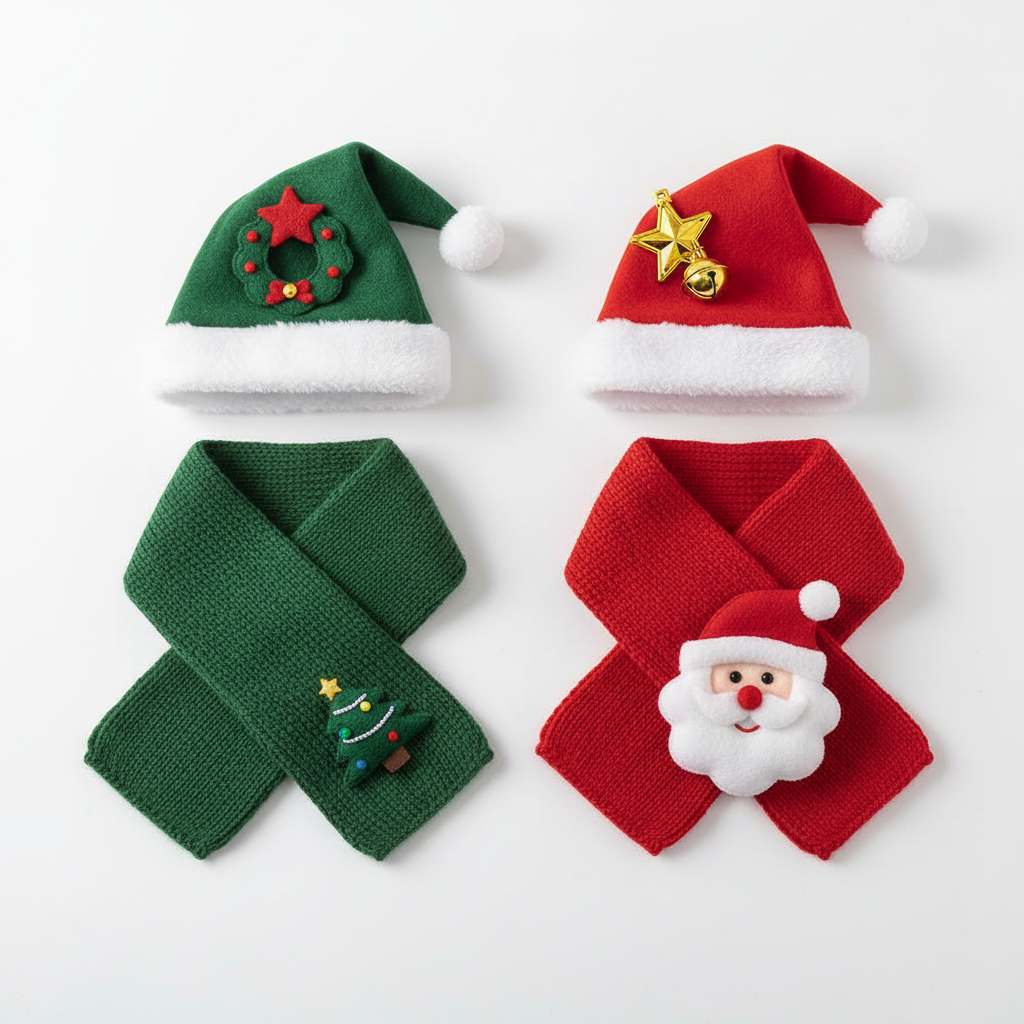 Christmas pet hat and knit scarf set detail flat lay