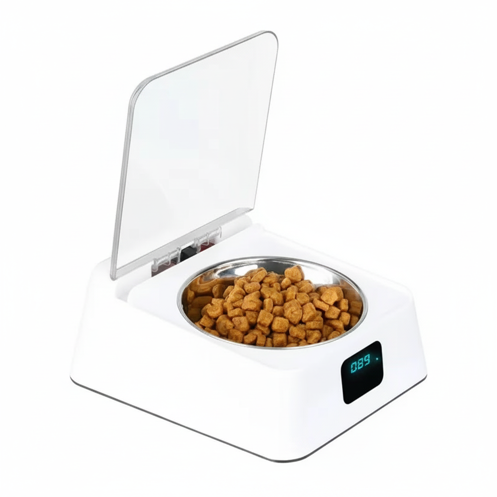 Close-up of automatic cat feeder radar sensor cover, tilted bowl, and digital display