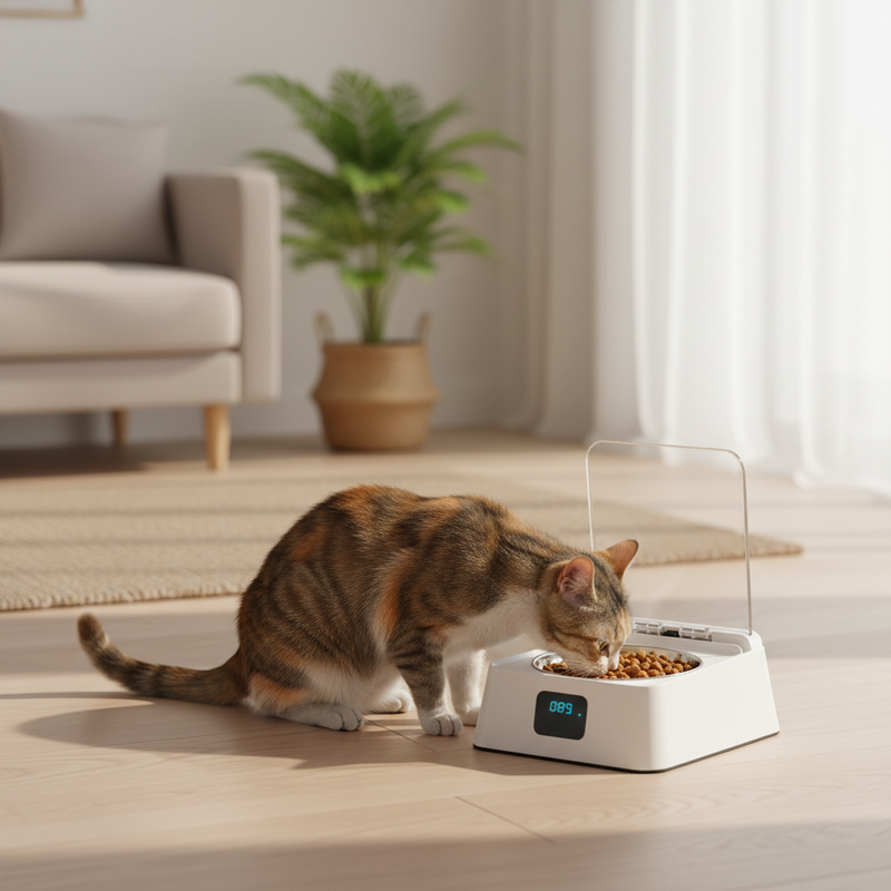 Cat eating from an automatic feeder in a bright home
