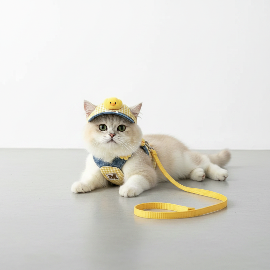 Yellow gingham cat harness and cap set studio photo