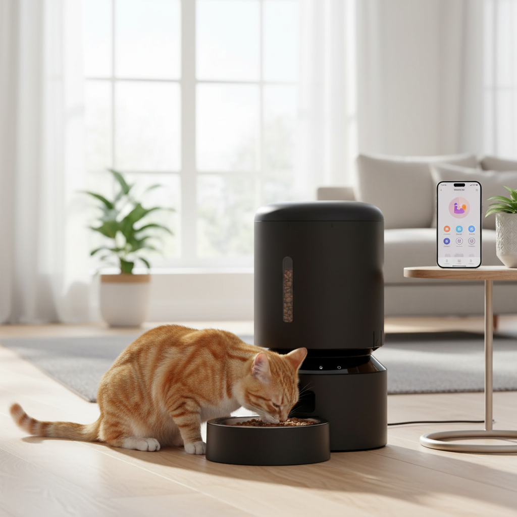 Cat using a black smart automatic pet feeder with app control