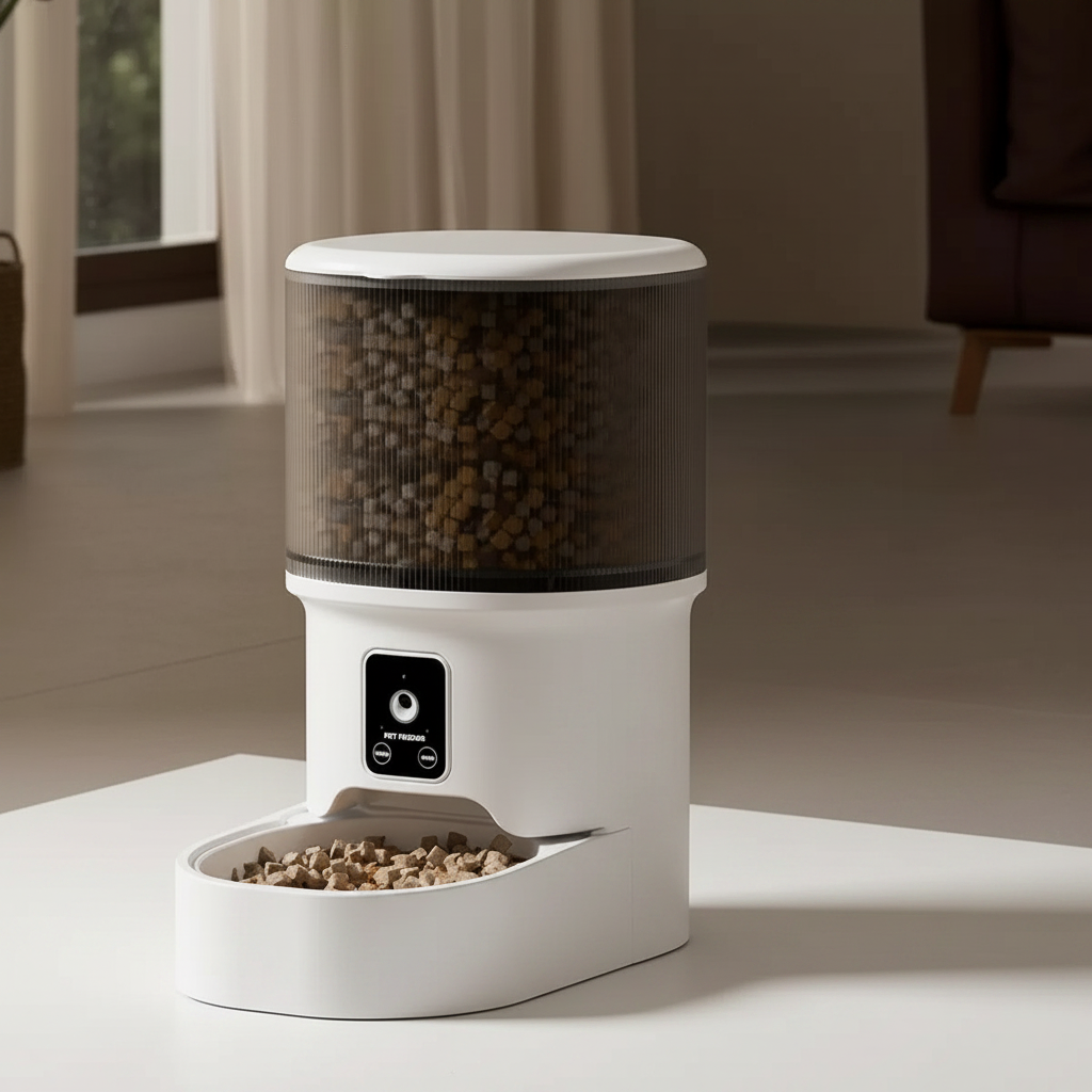 White automatic pet feeder studio product photo