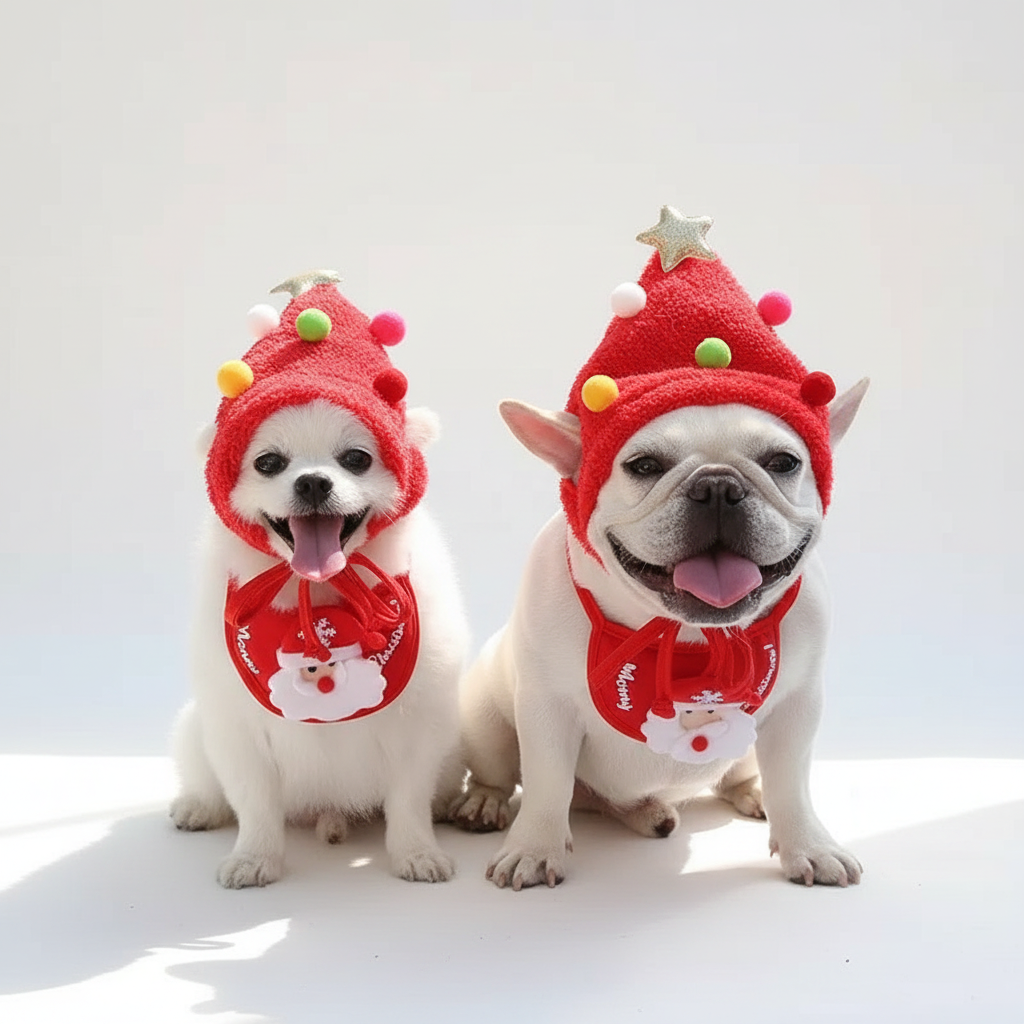 White dog wearing Christmas tree hat and Santa bib studio photo