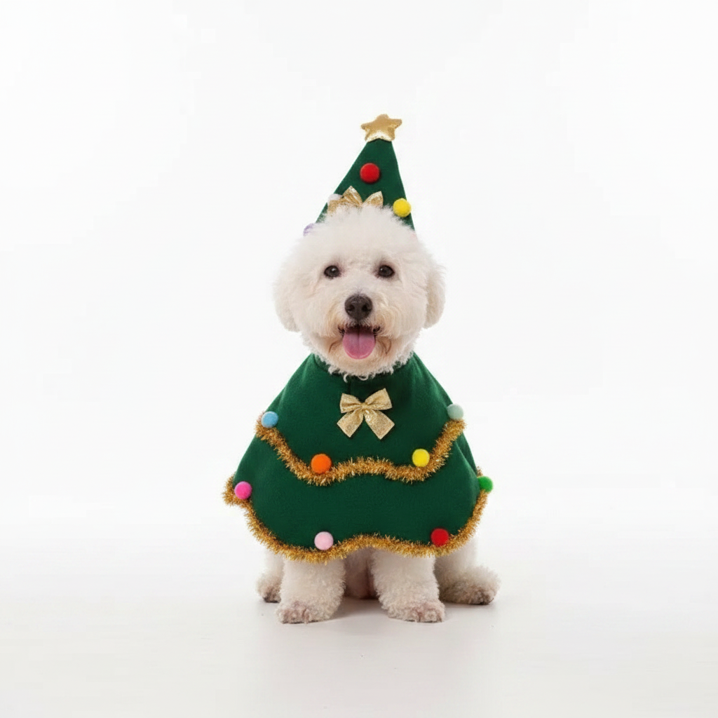 White dog wearing Christmas tree cape and hat studio lifestyle photo