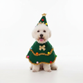 White dog wearing Christmas tree cape and hat studio lifestyle photo