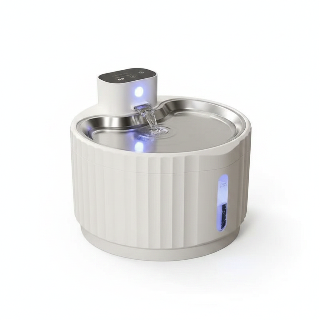 Wireless pet water fountain detail close-up showing pump and LED indicator