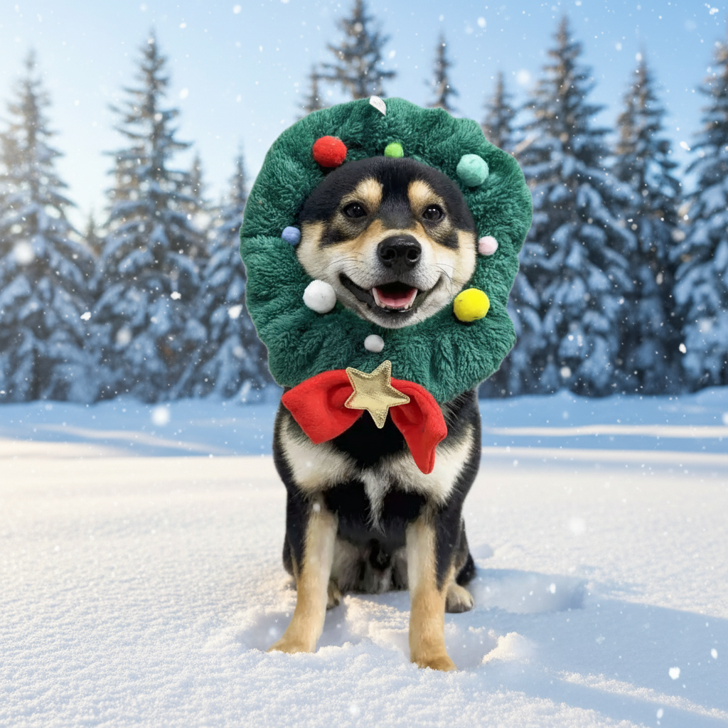 Dog wearing Christmas tree wreath hat studio lifestyle photo