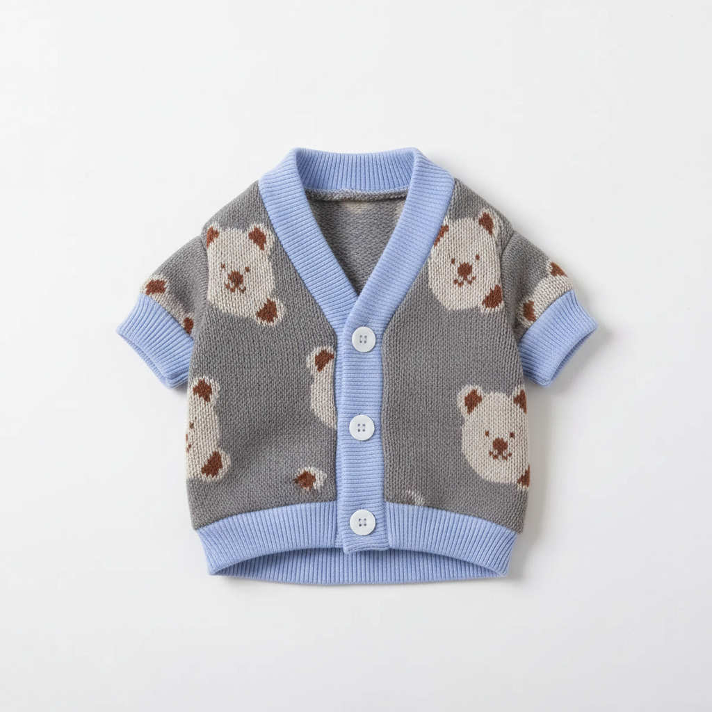 Teddy bear knit dog cardigan fabric and pattern detail flat lay
