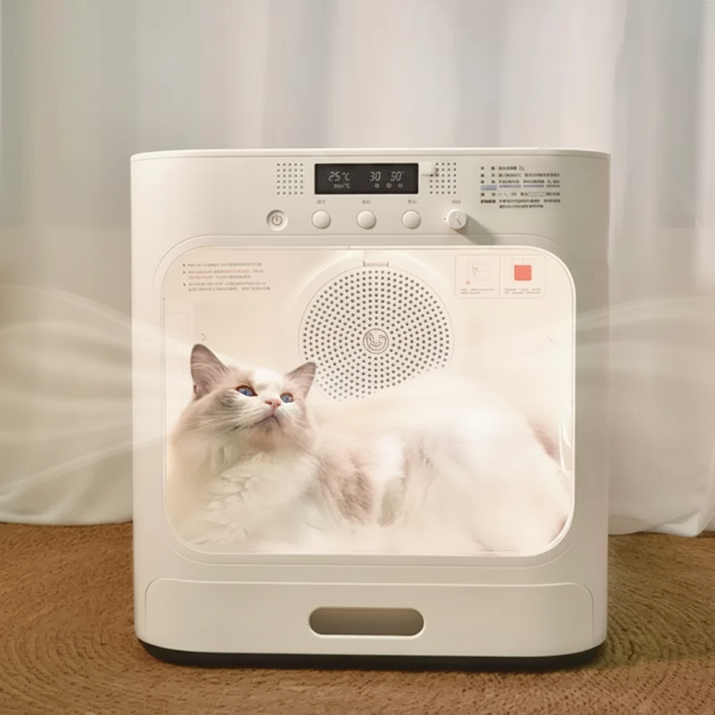 White smart pet dryer box with cat inside lifestyle photo