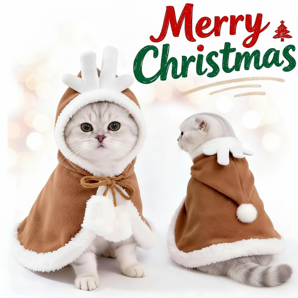 White cat wearing reindeer cape studio lifestyle photo