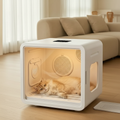 White smart pet dryer box with cat inside lifestyle photo