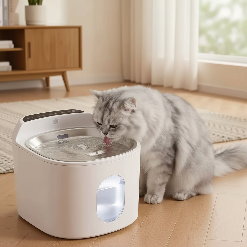 Large white pet water fountain with cat drinking lifestyle photo