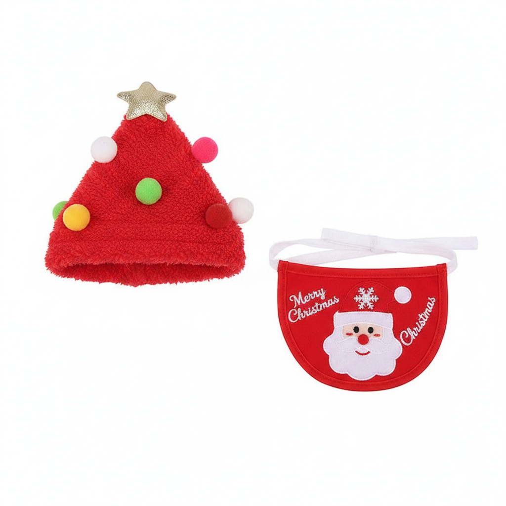 Christmas tree pet hat and Santa bib detail flat lay